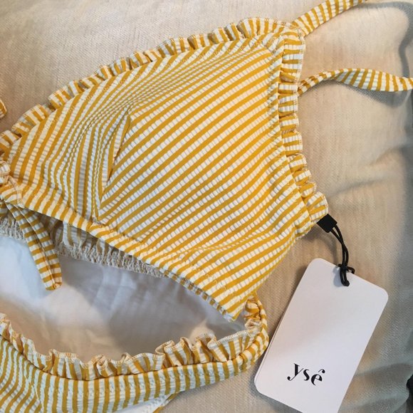 NWT Brand New YSE France Mustard Yellow Pinstripe Ruffle Bikini Set Luxury - Picture 3 of 7